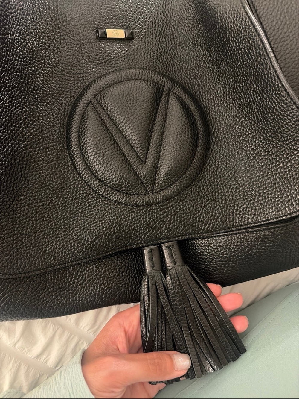 Valentino Black Pebbled Leather Shoulder Bag with Tassel and V Logo